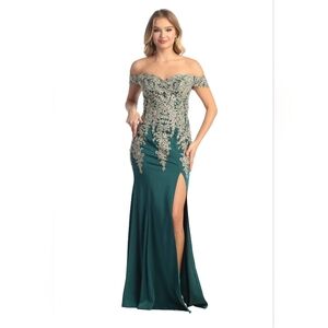 Cindy Collection Elegant Green Dress Off-Shoulder Evening Gown Size Small